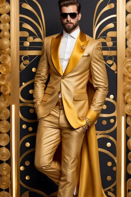 Facing front man modeling cat walk fashion show in suit adorned with a golden ornaments Klimt-inspired masterpiece.