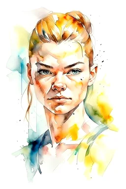 watercolor painting of a beautiful portrait of a 25 year old muay thai boxing, realistic skin texture, looking into the camera, Anna Razumovskaya style, atmospheric light, realistic colors