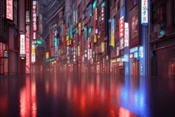 Cinematic, romantic, atmospheric, night, Tokyo, dark, rain, high definition, blue neon lights, blender 3d