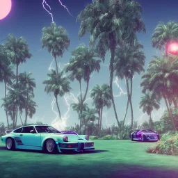 1980's aesthetic vaporwave palm trees and spheres and Porsche with lightning