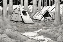 campsite, tents, overgrown, post-apocalyptic, comic book, forest
