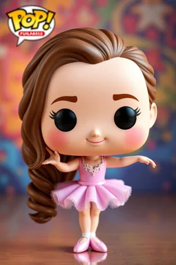 Funko Pop, very young female 12 , long wavy brown hair, pink ballerina dress, ballet pose, smiling, very happy, colorful background, face painted, typography, 3D render.