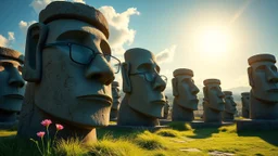 calm beauty, fantasy, magic, splendor, uplifting, inspiring, therapeutic, Easter Island stone statues with faces, some wearing spectacles, springtime, sunlight, chiaroscuro, color, award-winning colour photograph, Nikon 135mm, style Disney, style Salvador Dali