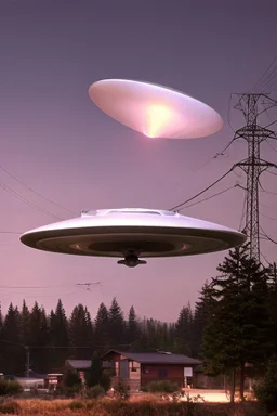 school kids::10 see saucer shaped ufo flying over tall pine trees near a high voltage powerline with (three lights underneath) and lots of lights all around the edge, the year is 1966 in color, concept art, by Asaf Hanuka, by Weta Digital, Electric Colors, Screen Space Global Illumination, in a symbolic and meaningful style