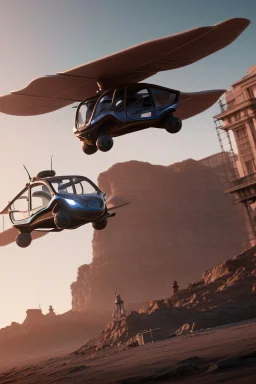 A flying car being drived by a robot in future city.