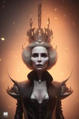 Constance Langdon as evil queen in black leather, leather, busty, cleavage, angry, stern look. character design by cory loftis, fenghua zhong, ryohei hase, ismail inceoglu and ruan jia. unreal engine 5, artistic lighting, highly detailed, photorealistic, fantasy