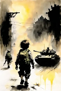 The nightmare small child having a bag pack walks in the streets, at war , a tank in the street with soldiers illustration by Stephen Gammell