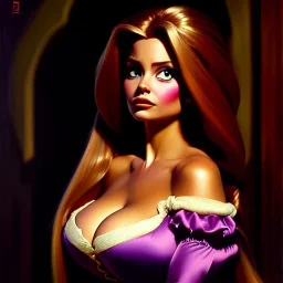 portrait of beautiful busty Rapunzel painting by Brom, oil on canvas, cinematic composition, extreme detail,cinematic composition,fit full head inside picture