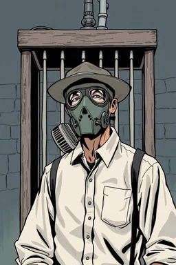 a man wearing a gas mask and wide brimmed flat top het and standing by an electric chair, graphic novel