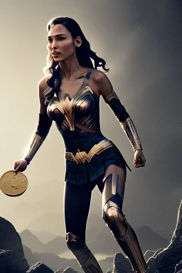 In a digital art gallery, a portrait of Gal Gadot's character running as a berserker captures the attention of all who pass by. The image shows the character in a black jogging suit, sprinting through the night in the Alps. The character is holding a handful of coins and is surrounded by an angelic background and volumetric gold light. The image is highly detailed and features a dark leafy tree and dark mountains in the background, adding to the mood and atmosphere of the piece. The image has a