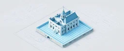 see through isometric plan of castle church with transparent walls and grid on floor for tactical planning