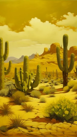 A yellow desert with cactuses painted by Zhang Lu