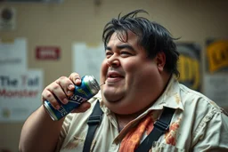 Cree l image d un agent de sécurité obese et sale. Il porte une chemise blanche tachée et boit une cannette de la marque monster. Il a des cheveux noirs hirsutes. 4k realiste. Il est très sale, il sent mauvais. Il sourit betement. Il a bu beaucoup d alcool la veille. Il est débraillé