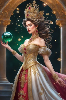 Queen wearing a magical gown of swirly flowing marble water gold filigree curlicues, flowering flowers, bloom, sparkle, ornamental gilt, diamonds, rubies, emeralds, sapphires, beautiful, delicate, intricate, elegant, graceful, shiny, Hyperrealism, Rococo, expressive, spherical, zoom out, volumetric lighting