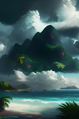 ultra-realistic, tropical, lush, storm clouds, islands, mountains, beach