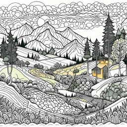 Outline art for coloring page with a cute mountain landscape white background, sketch style, only use outline, clean line art, white background, no shadows, clear outline reprezentand o imagine pe tema halucinatiilor provocate de droguri , cu culori primare tari, fantezie de înaltă definiție calitate clară, stiluri de Utagawa Hiroshige, Paul Klee Dee Nickerson și Tim Burton, acuarelă topită și contururi de cerneală neagră pe hârtie umedă, linii moi, umbrite