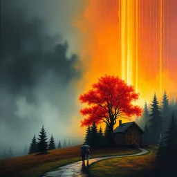 A cinematic, atmospheric oil painting landscape split between cool misty blue-gray tones on the left and warm golden-orange sunset hues on the right. A vibrant red tree glows on the right side like flames against a dramatic sky. Cascading vertical color streaks evoke a surreal waterfall effect. In the foreground, two small human figures walk side-by-side under a shared umbrella on a winding path, conveying intimacy and warmth. A rustic wooden cabin nestled among dark evergreen trees anchors the