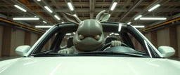 car driving happy 2d fluffy alien hippo bunny ogre man in the style of Escher and Giger and Fallout 4, pinhole cam, airbrush 3d rendering, on tv screen:A five-second cinematic single take in a clean industrial presentation hall.