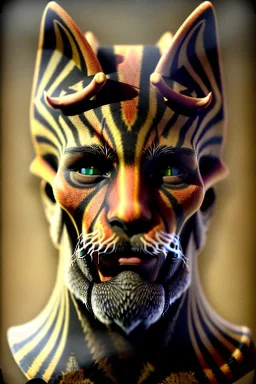 portrait photography of an ethereal beautiful animal god, Fire theme art, Dark moody night atmosphere, Portrait of a man by Michelangelo, 8K, close-up face, anatomically perfect face, ignore NSFW,cat,magic,city, steampunk, brutal native american chief ,apocalypse, set , dark sorrow,