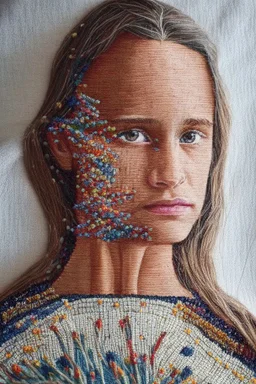 Hand sewn and embroidered Alicia Vikander, threads, sewing needles