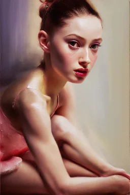 close up realistic portrait of a beautiful ballerina, stretching next to a mirror, only ballerina shoes, in impasto style, thick strokes of oil paint, realistic thick textures