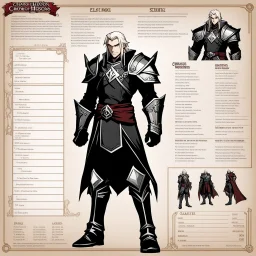 character concept sheet with AD&D statistics and characteristics, [wii No More Heroes style with thick lines] Elric of Melniboné