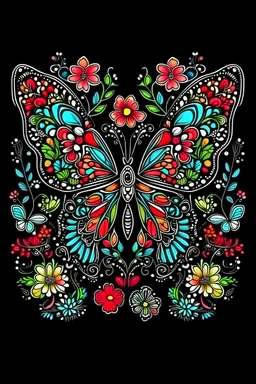 the cover for coloring book ,Easy Patterns , butterflys with flowers ,color , black background , style mandala