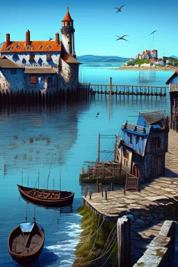 gothic, medieval, fishing town, rocks, long piers, fishing boats, shops, blue sky