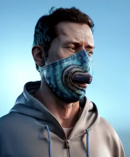 Realistic image, waist up view, a guy making the fuck you gesture with his hand, blue smoke coming out of his eyes, nose and mouth. Latex cloth, inflatable hoodie, soft color, highly detailed, unreal engine 5, ray tracing, RTX, lumen lighting, ultra detail, volumetric lighting, 3d, finely drawn, high definition, high resolution.