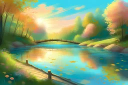 Un chemin dans une foret bordé de fleurs, un petit pont en bois clair, une rivière turquoise avec le reflet des arbres et du soleil dans l'eau , une barque sur la rivière, une ambiance douce orangée , des couleurs pastels , bleu doux et vert clair, un ciel bleu intense avec des petits nuages roses, des rayons de soleil. Beaucoup de détail très précis et raffinés.Au premier plan on peut voir la délicatesse des pétales des pivoines. Fleurs et feuilles très détaillés très précises.Ambiance magique