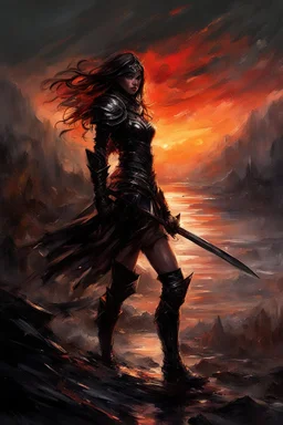 A formidable warrior girl in black armor, on the background Amazing gloomy landscape, flooded with sunset, mountains, trees, fabulous scary hero, , juicy emotions, painting, dark fantasy, bad weather, gloomy day, dark world, by Raymond Swanland & Alyssa Monks & Anna Razumovskaya & James Paick