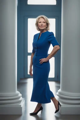 Powerful classical portrait of a modern blonde politician in her late 50s wearing a blue dress standing in a powerful position a little zoomed out