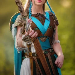 beautiful viking queen with purple armor, delicate cyan braided hair, green glass eyes, white flowing dress, highly detailed, 8k, ambient light, taylor swift