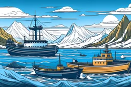 marine ecosystem Atlantic cod Iceland mountains three fishing ships cartoon