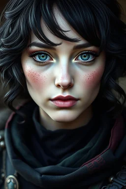 portrait image of dark haired female human. grey blue eyes and short wavy hair and light freckles. DND black and green rouge attire.