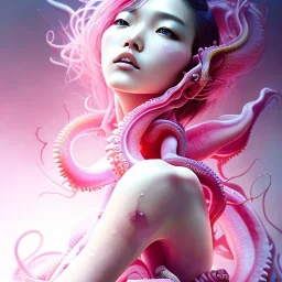  Asian woman, leaning pose, octopus, pink short hair, latex suit, style <Yoji Shinkawa>, Bones, watercolor illustration by <agnes cecile> squid, intricate detail , portrait, high lighting, Gradient background,