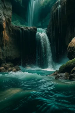 A cave with covered with waterfalls