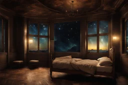 strange evening in vintage bedroom, deep dark colors, old wood floor, old antique bed, pale lights, sharp contours, old balkony, ceiling the galaxy with stars, nightly lights, etheral, stunning, cinemeatic