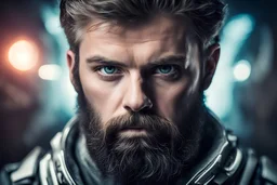 bearded man portrait intense eyes staring at the camera scifi background