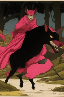 batman adult wearing a bright pink tutu, running away from wild boars. Samurai aesthetics poster 1900.