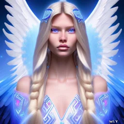 portrait of a beautiful aztecan woman with an angel face smiling,long blond hair, blue eyes, pink and blue dress, jewels, soft light aura