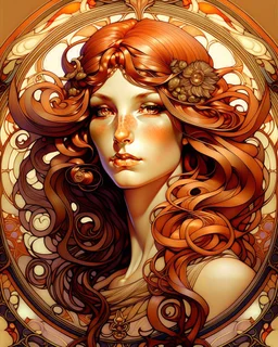 Tile hair, flaming lips, eyes seeking eternity, leader of the witch community, coppery tresses tumbled about her face, tremendous facial anatomy, meaningful beautiful brown eyes, wavy purplish hair, one third rule, trending on top of Art station, by Alphonse Mucha"