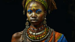 Retrato pictórico de mujer de rasgos europeos del este marcada por el tiempo, piel agrietada como piedra o barro seco craquelado con musgo en fisuras, lleva collares masivos de cuentas naranjas, amarillas y azules y discos de latón tipo masai, estilo ilustración científica botánica del siglo XIX coloreada a mano meets retrato humano