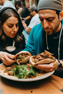 Two people, including a shawarma meal, are looking at it