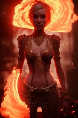 portrait of samantha cat prince set in fire, cinematic lighting, photorealistic, ornate, intricate, realistic, detailed, volumetric light and shadow, hyper HD, octane render, unreal engine 5 insanely detailed and intricate, hypermaximalist, elegant, ornate, hyper-realistic, super detailed --v 4