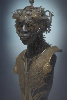 black male African alien, cracks in the voodoo head, wicked, Asian eyes, crown, blood, 8k, finely detailed, photo realistic, Boris Vallejo style turquoise skull head gold dragon space alien rain skeleton gold tooth silver helmet silver space suit spaceships