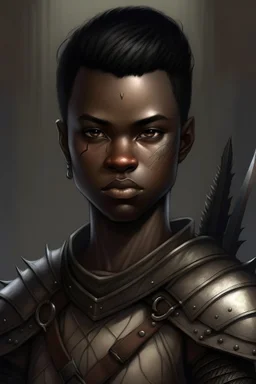 Portrait of a fantasy Warrior, no helmet,young, black skin, short black hair,
