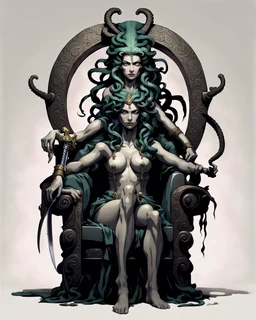 full-length, detailed persona, sword in hand, gorgon medusa, sitting on a throne in a relaxed pose