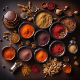 top-down photograph of a gourmet spice kit, small jars and vials filled with colorful spices with cork stoppers in a beautiful ornate lacquered wooden multi-sectional container, stunning advertising photograph, cinematic lighting, moody atmosphere, ornamental stones and wooden knick-knacks, autumn atmosphere, wiccan, oak leaves, wheat stem