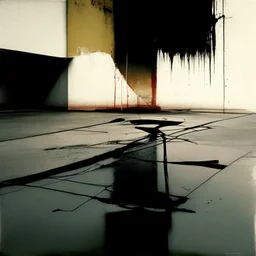 Minimal abstract oil paintings desolate 1960s carpark concrete fragments and road markings. Broken pipes on fire. Blurry outlines. In the style of Justin Mortimer and Francis Bacon.